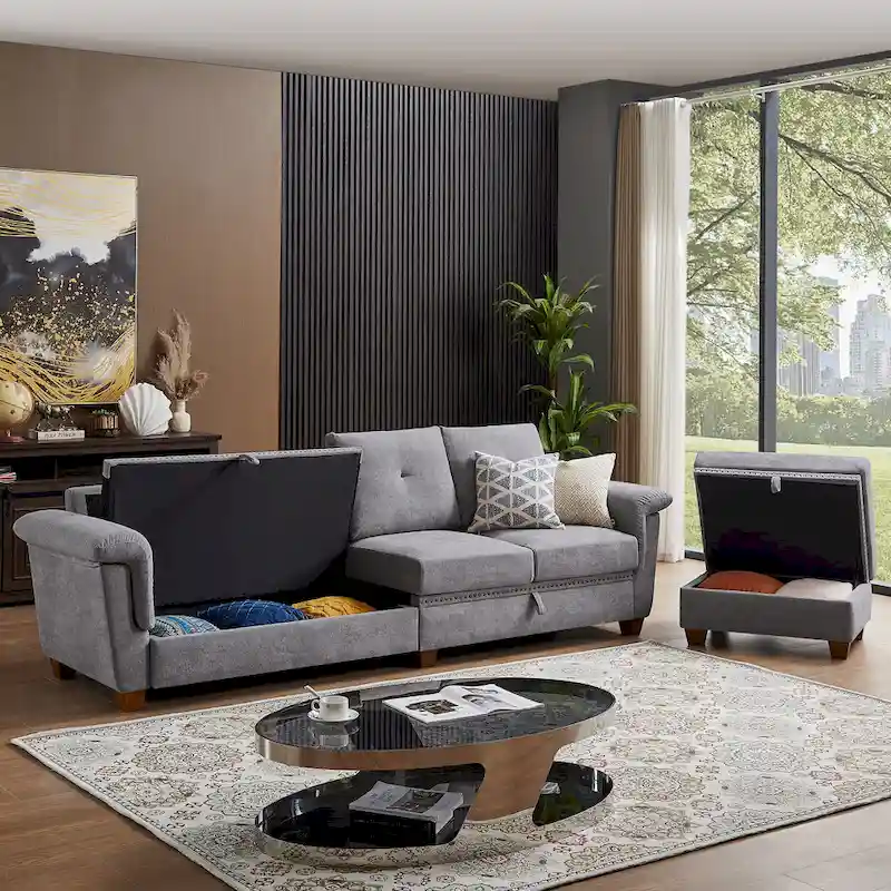 Modern 4-Seater Sectional Sofa with Hidden Coffee Table, Adjustable Headrest & Storage, Towelling Fabric