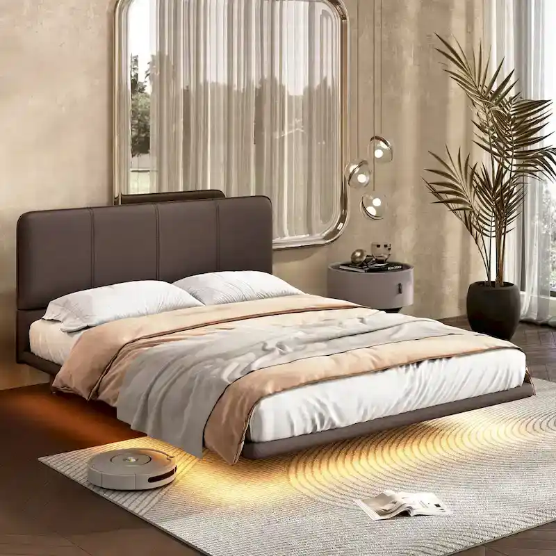 Korli Modern Upholstered Leather Floating Bedframe & Headboard Set with LED Lighting by Christopher Knight Home