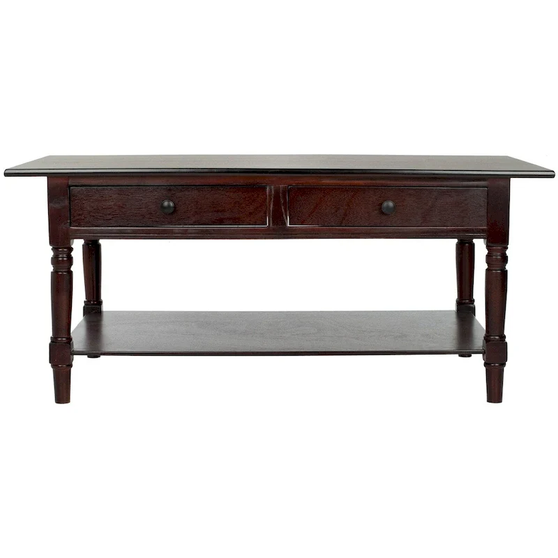 Dark Cherry Farmhouse Pine Wood Coffee Table with 2 Drawers