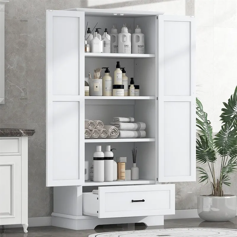White Tall Storage Cabinet – 2 Doors & 1 Drawer, Freestanding