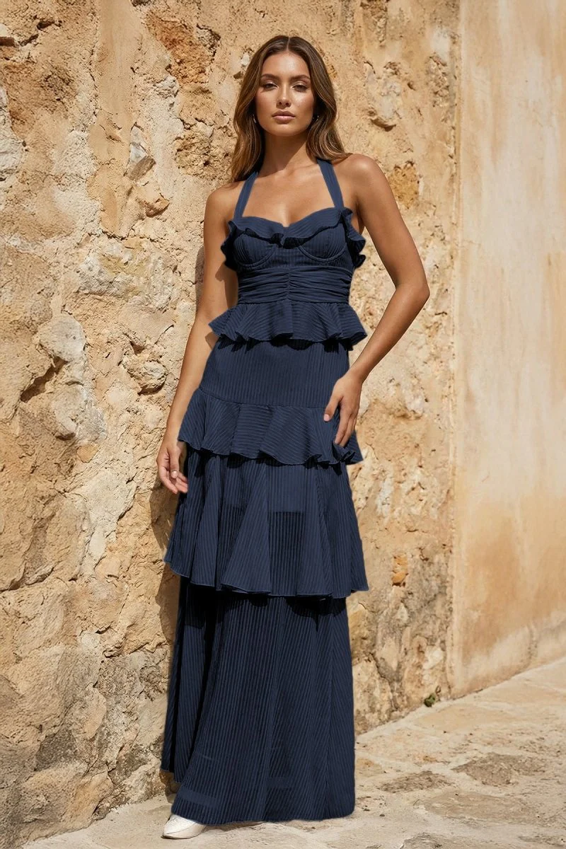 Sky Blue Halter Sheath Pleated Chiffon Long Prom Dresses With Ruffles