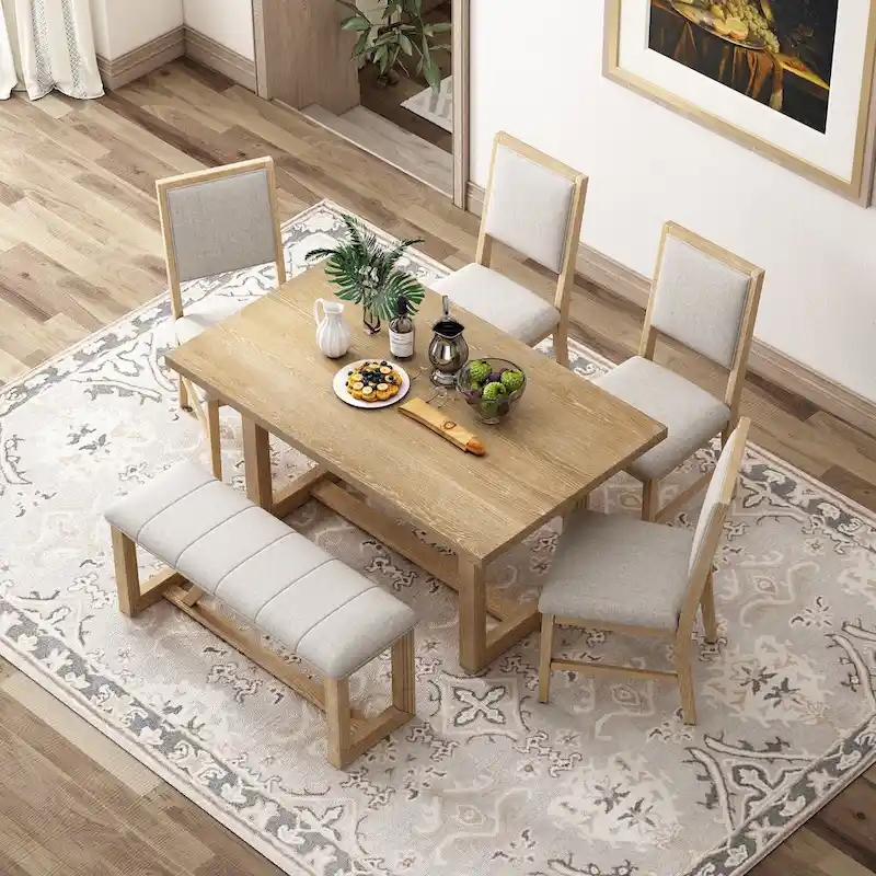 6 Piece Dining Table Chair Set, Wooden Kitchen Furniture Set with Acacia Wood Rectangular Table, 4 Chairs and 1 Bench