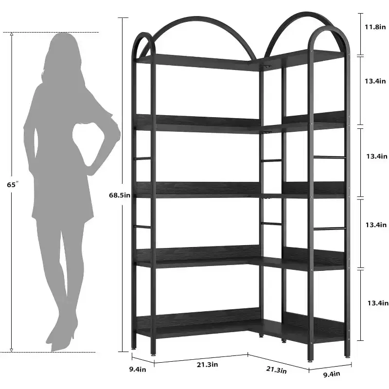5-Tier L-Shaped Corner Bookshelf, Industrial Arched Bookcase With Metal Frame, Etagere Display Rack for Living Room Bedroom Office Library