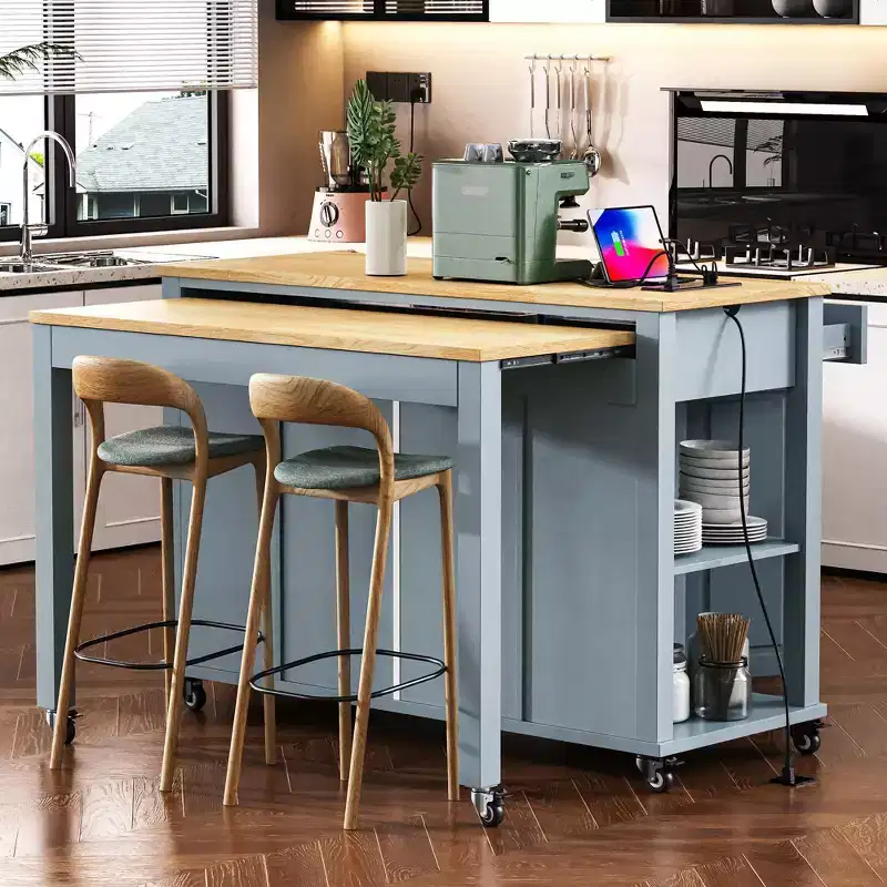 PexFix 47 Kitchen Island with Extendable Dining Table Rubber Wood Veneer Kitchen Table with Storage Rack & Power Outlet & 2 Drawers 2 Cabinet Blue