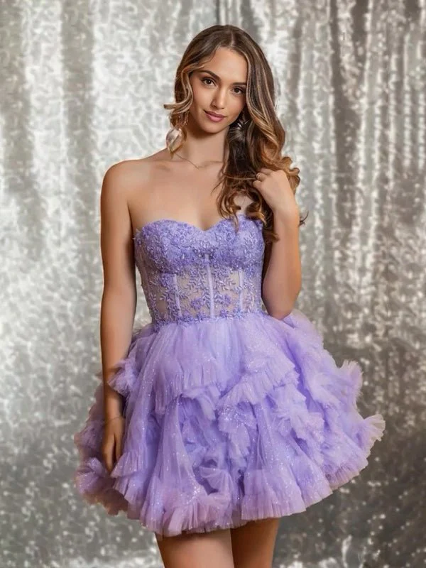 Lilac - Strapless A Line Ruffle Tulle Homecoming Dress With Appliques