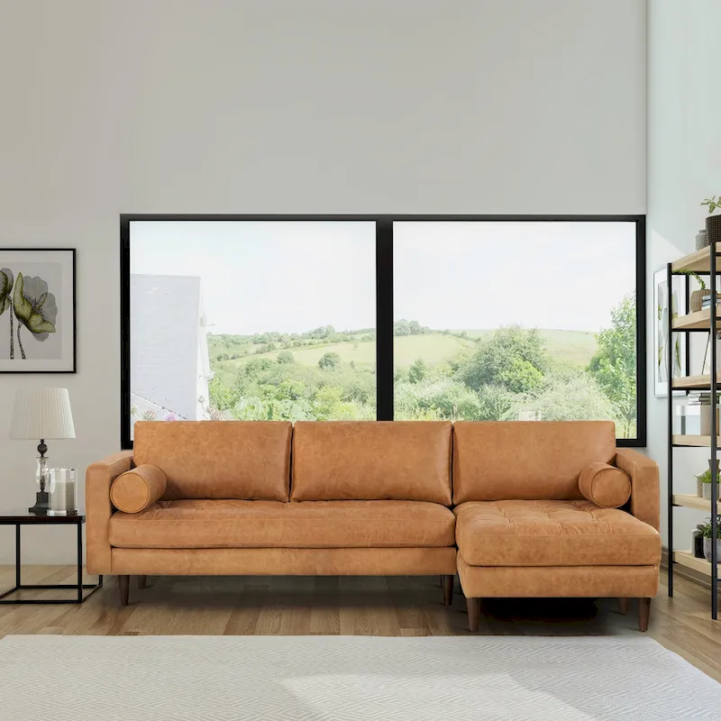 Leather Right-Facing Sectional Sofa with Chaise, 2-Seater — Madagascar Cocoa / Cognac Tan / Midnight Blue / Onyx Black / Cocoa Brown / Deepsky Blue