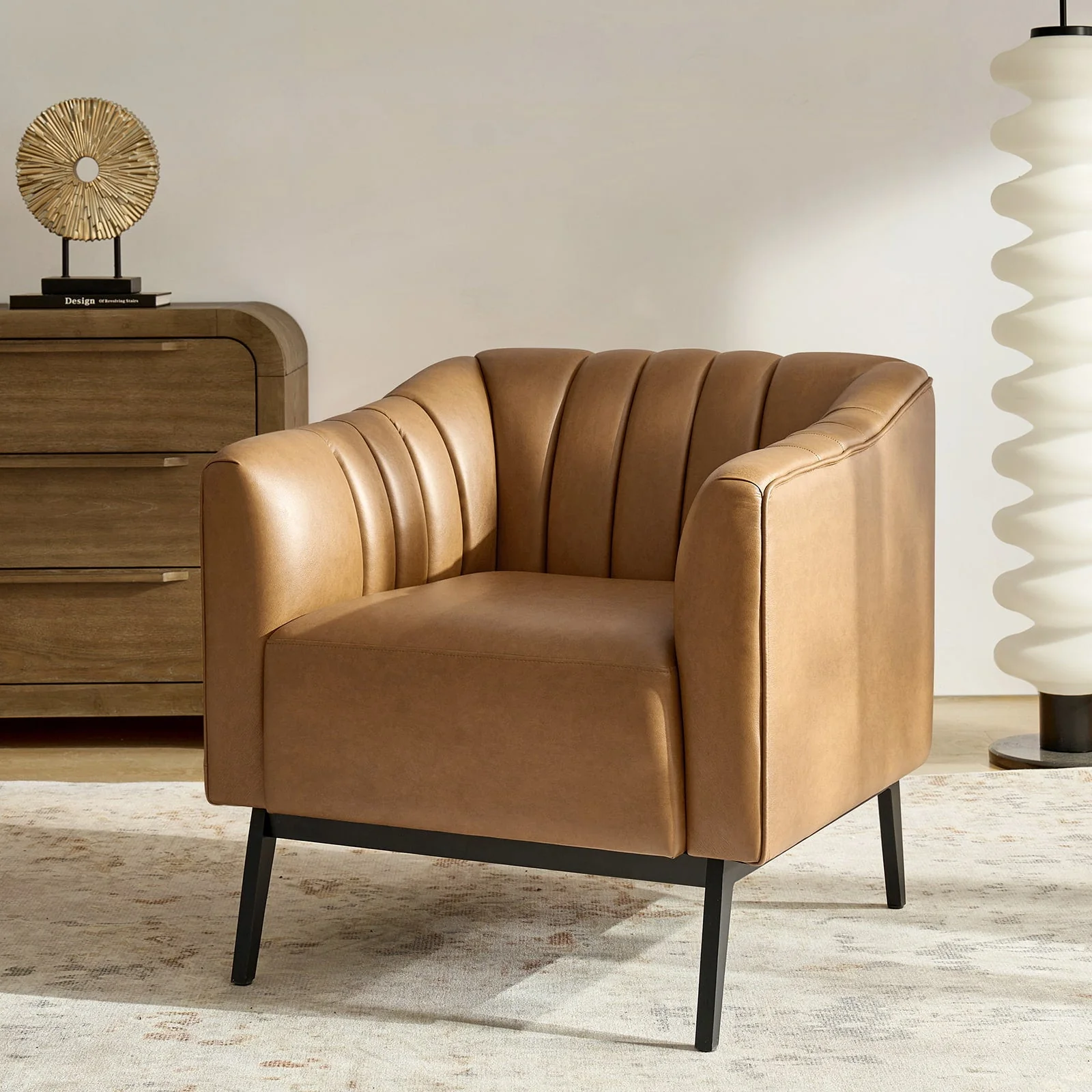 PU Leather Vertical Channel Tufted Armchair with Foam Fill & Black Metal Legs | Camel / Grey / Black / Brown / Navy | Single Seat