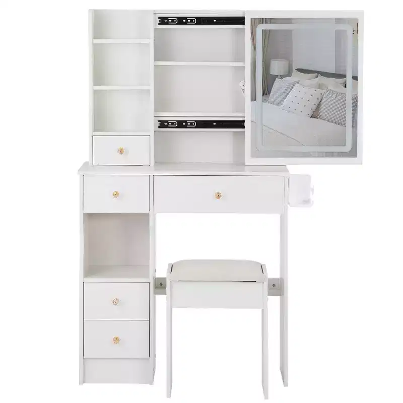 Okak Vanity Tables and Stool Set with 2 AC+2 USB Power Station,Dressing Table with Hair Dryer Bracket and Touch LED Mirror,White