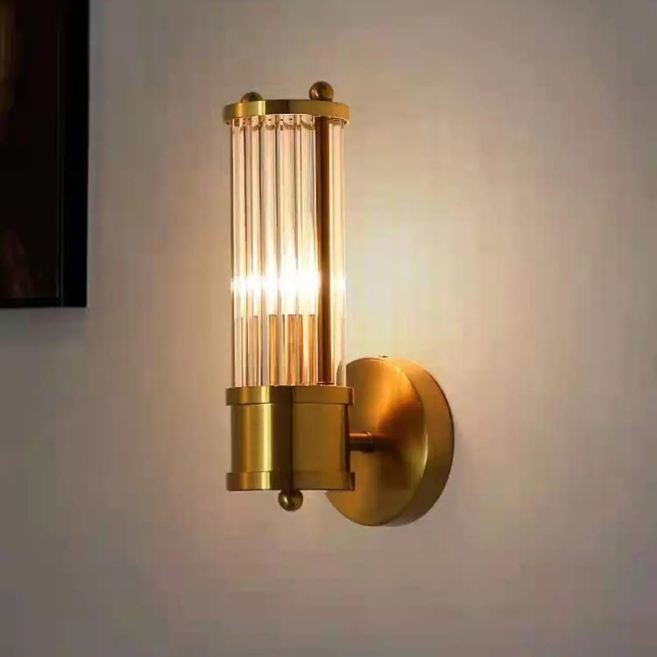 Vintage Cylindrical Brass Vanity Light Fixture in Gold