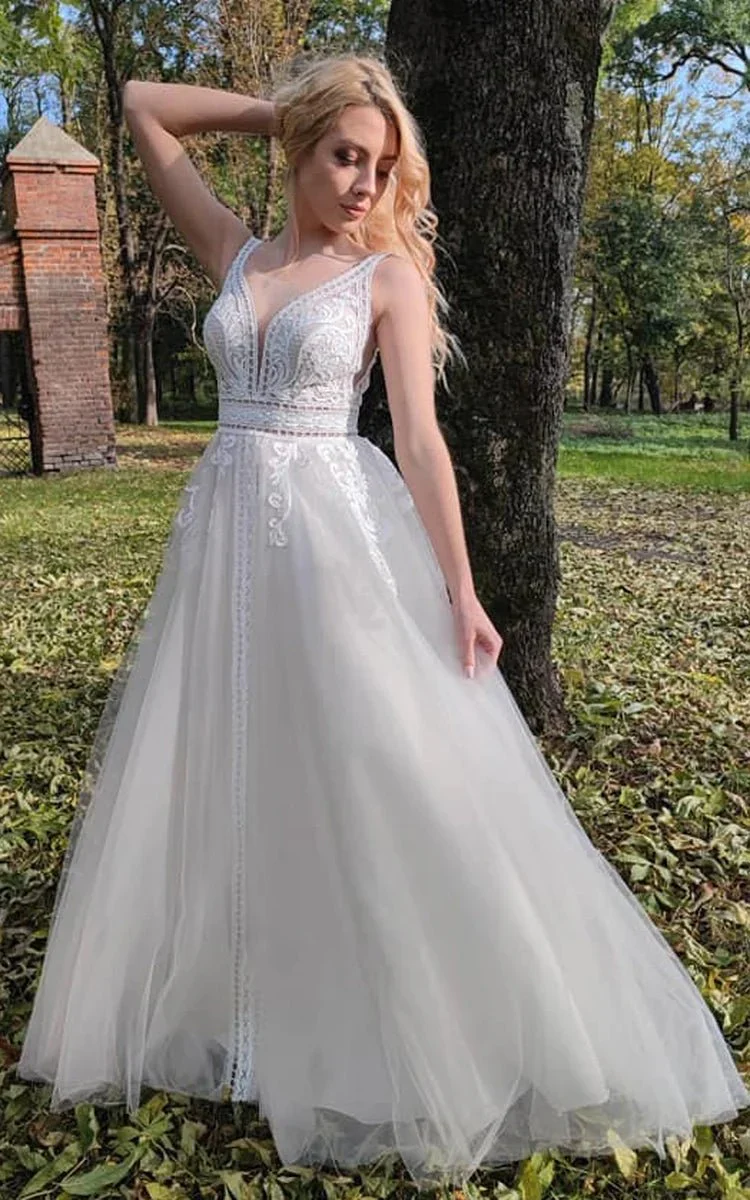 Romantic Sleeveless A-Line Lace Wedding Dress With V-neck And Low-V Back