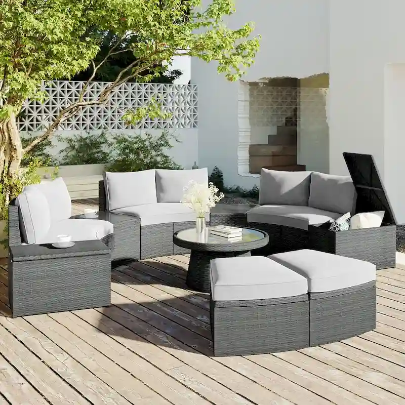 10-Piece Outdoor Rattan Sofa Set with Loveseats, Side Tables, Ottomans, and Storage Boxes, PE Wicker Patio Furniture Set