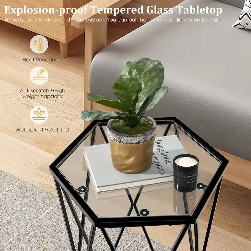 Costway End Table Tempered Glass Top Metal Frame Hexagonal Accent Side - 16