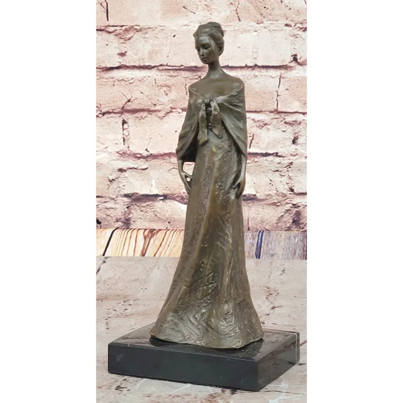 Elegant Bronze Lady Sculpture  Clic Figurine In Flowing Gown On Marble Base