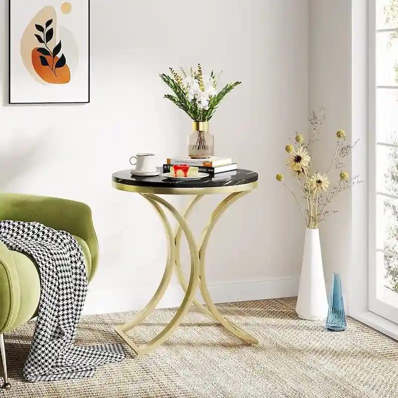 Round Side Table with Faux Marble Top and C-Shaped Metal Legs