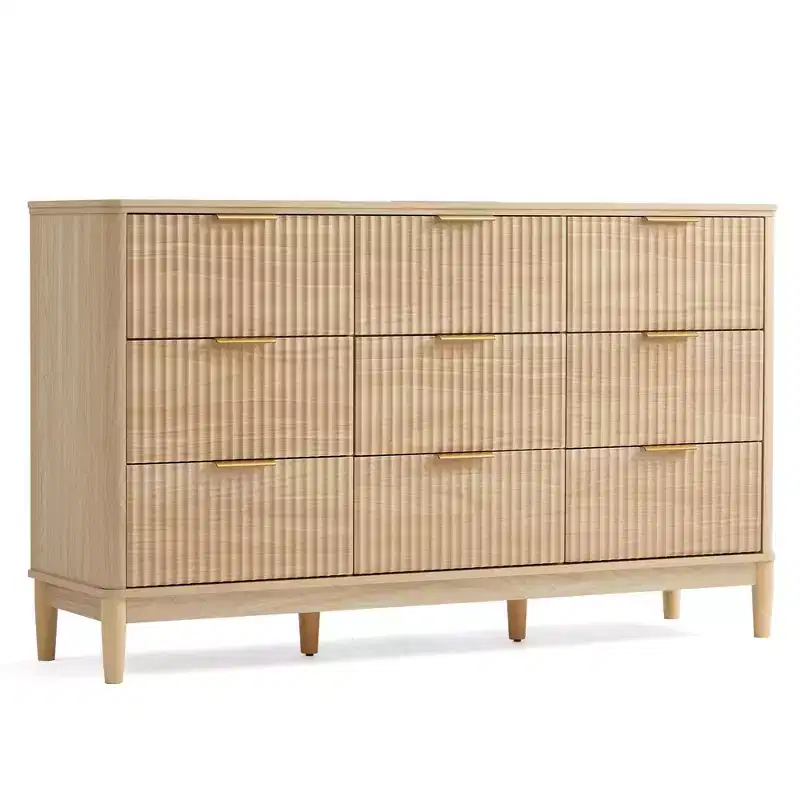 LINSY HOME Fluted 9 Drawer Dresser for Bedroom, Mid Century Modern Large Chest of Drawers with Gold Metal Handles, Wide Boho Wood Dressers