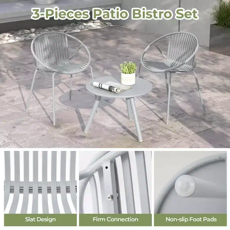 Costway 3 Pieces Bistro Set All Weather PP Patio Conversation Set with Round Coffee table Gray/Green