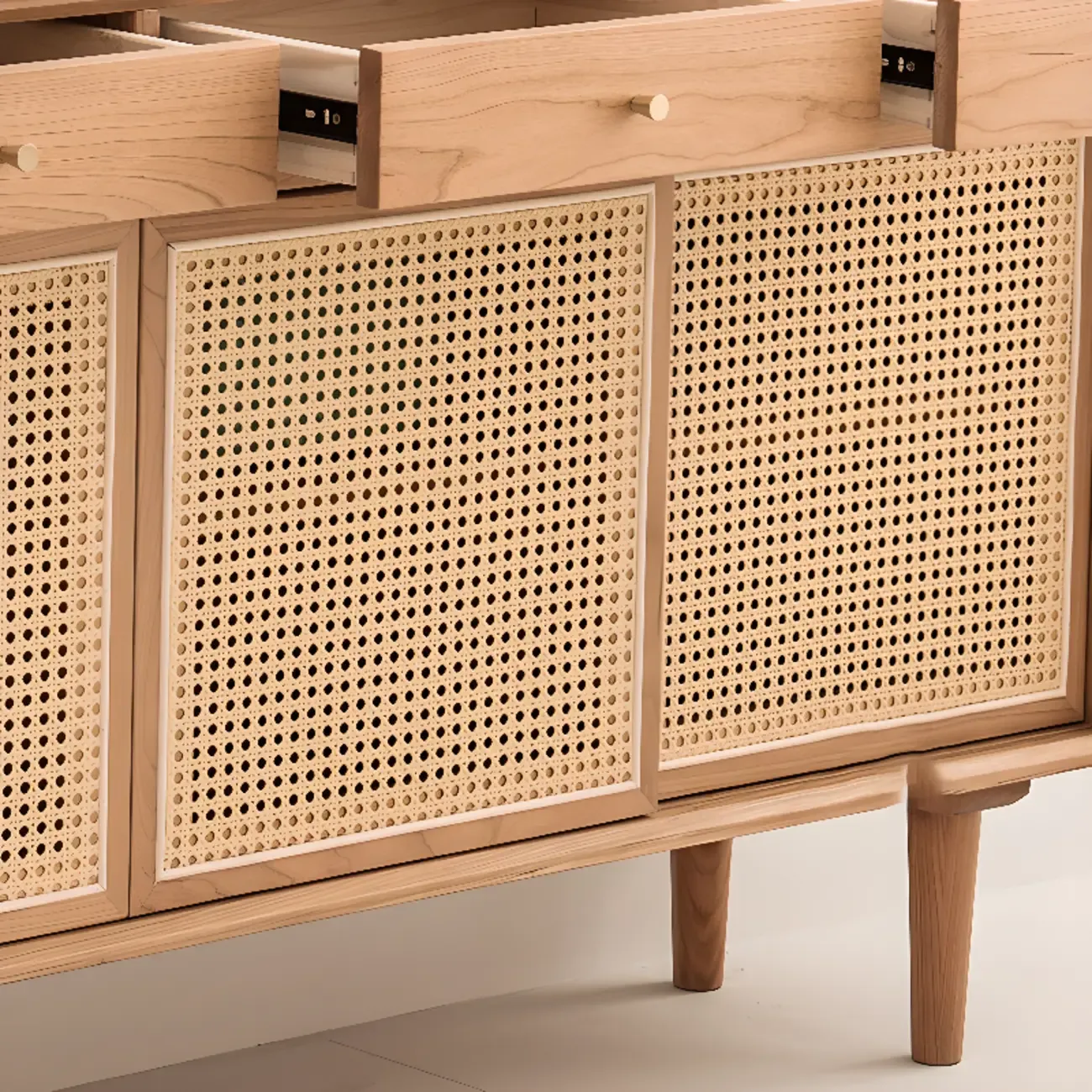 Scandinavian Natutal Wood Rattan Sideboard with Drawers