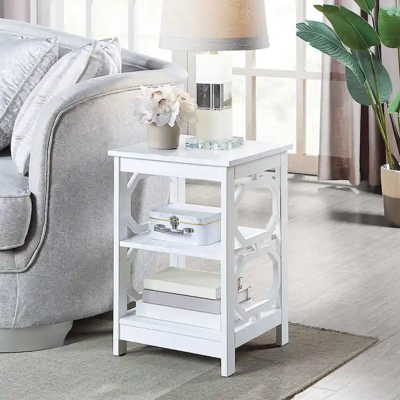 White, Contemporary 3-Tier End Table with Octagon Cutouts
