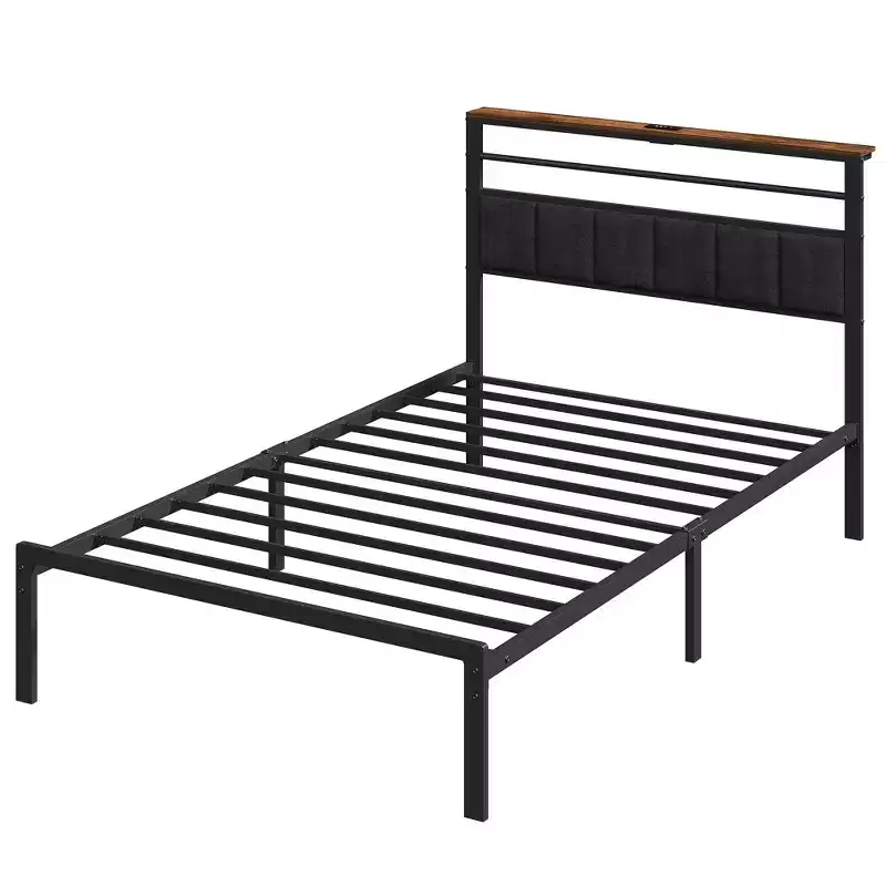 Heynemo Bed Frame with Charging Station, Platform Bed with Metal Slats, Upholstered Headboard with Storage Shelves, Black