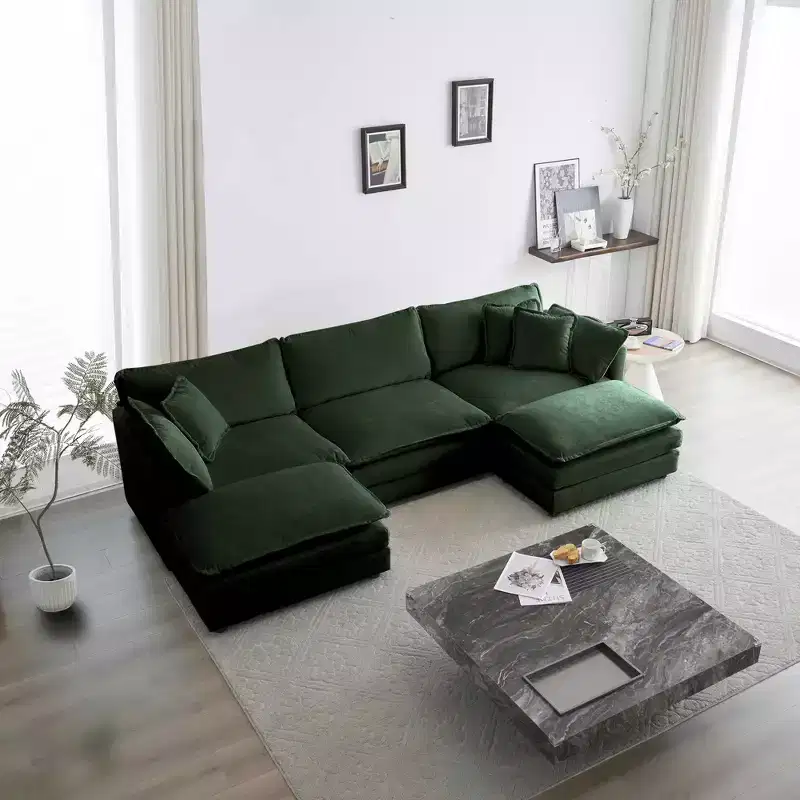 MAYEERTY U Shaped Sectional Chenille Sofa with Footrest 5 Seater Convertible Corner Couch with 2 Ottoman for Living Room Green