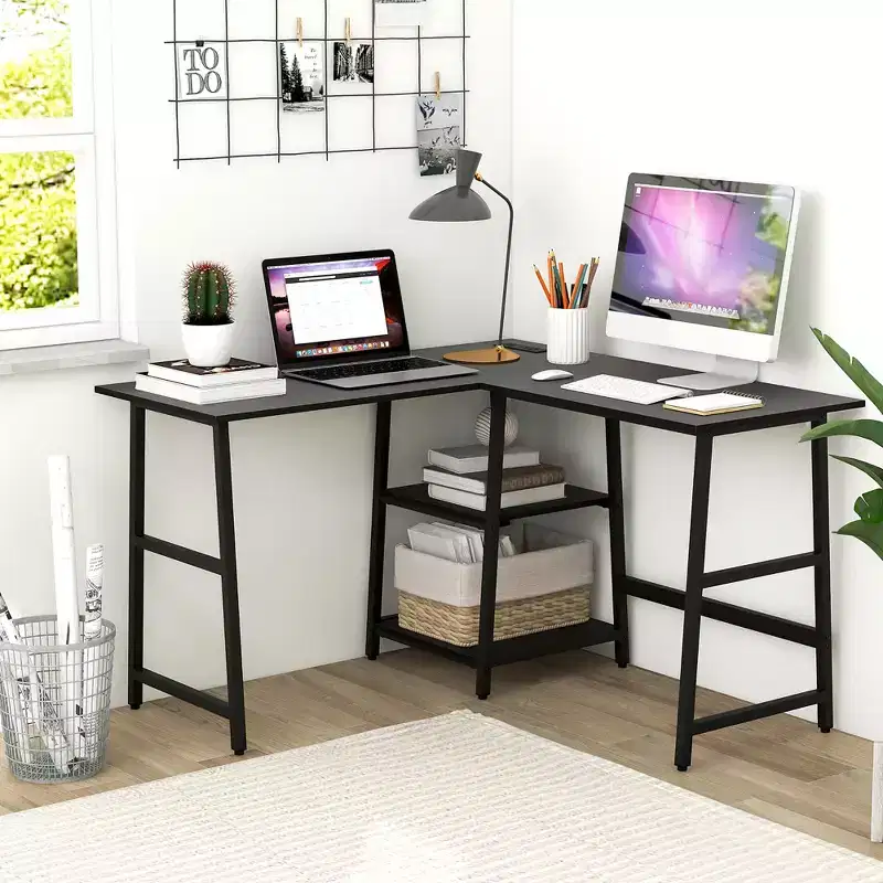 Costway L Shaped Corner Computer Desk Study Table w/Storage Shelves Black/Rustic Brown