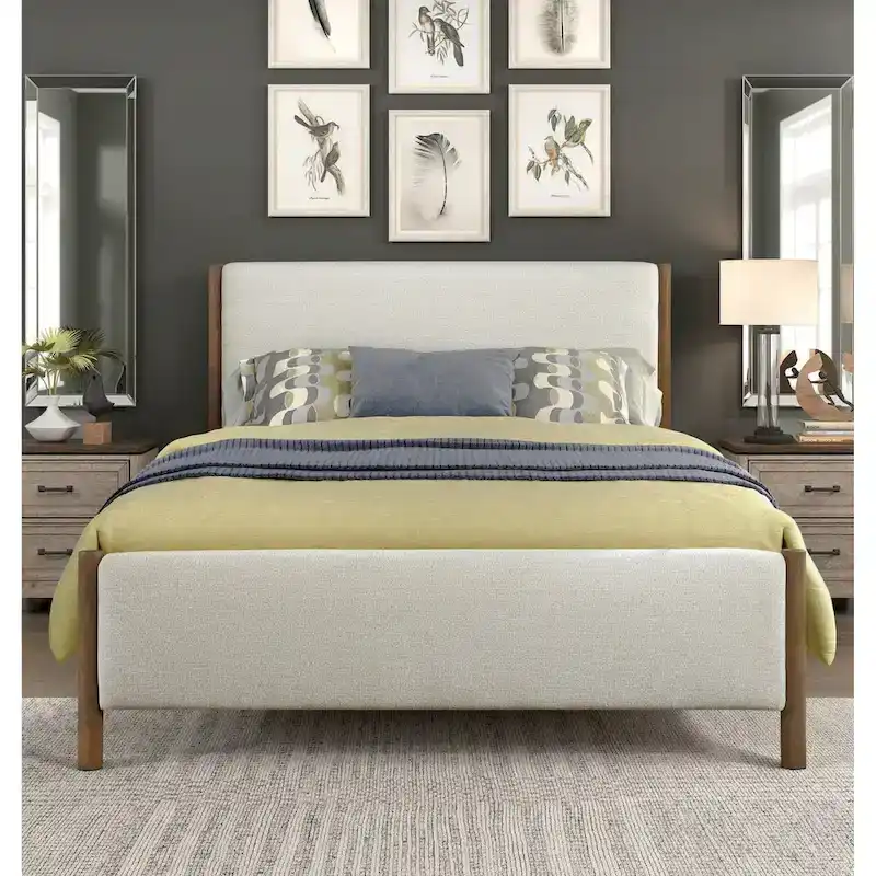 Beige Chenille Upholstered Platform Bed SolidWood 1pc