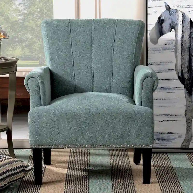 Accent Armchair, Channel Tufted Back, Rolled Arms, Sinuous Spring Seat, Stain-Resistant Polyester, Tapered Square Legs, Green / Blue / Cream, 1-Person Use