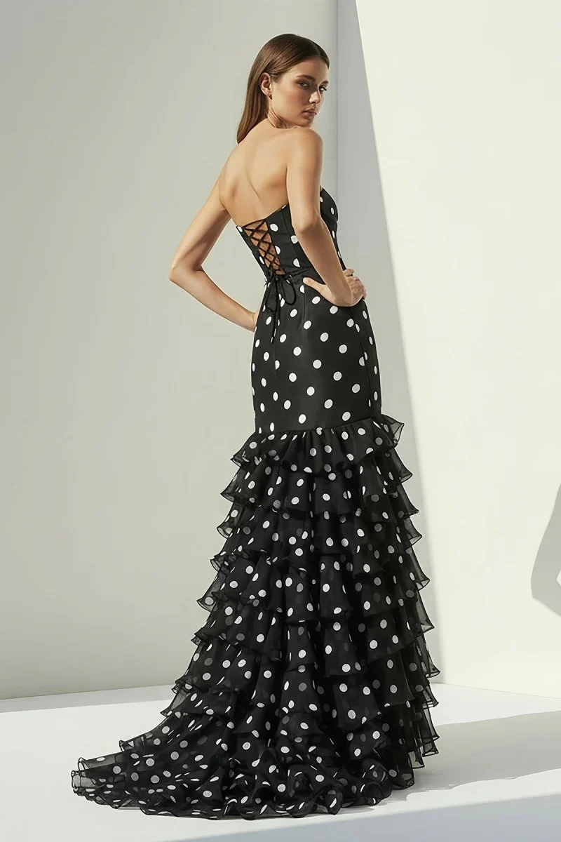 Black Strapless Sheath Polka Dots Chiffon Ruffled Prom Dresses With Bow