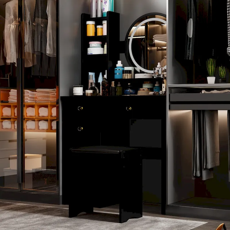 5-Drawers Makeup Vanity Table Set with Lighted Mirror (PINK/BLACK) - 52H