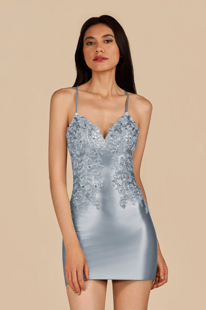 Sage - V Neck Bodycon Satin Sequins Homecoming Dresses With Appliques