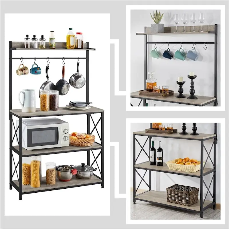 Rustic Brown / Grey Industrial 4-Tier Kitchen Baker's Rack with Hooks