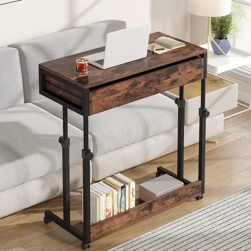 Height-Adjustable Side Table with Drawers and Wheels