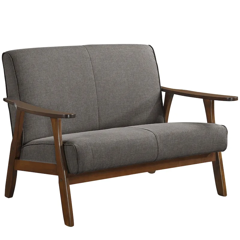 Mid-Century Modern Loveseat 2-Seater Sofa with Wooden Arms - Light Gray Linen Upholstery 46.69