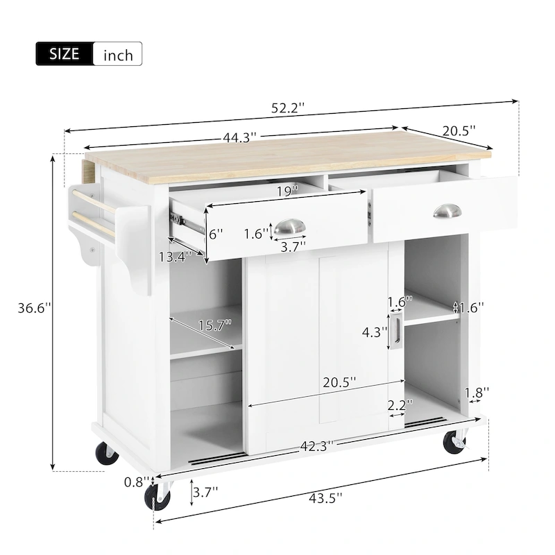 Kitchen Cart Featuring Rubber Wood Drop-Leaf Countertop, Adjustable Height, and Concealed Sliding Barn Door Storage
