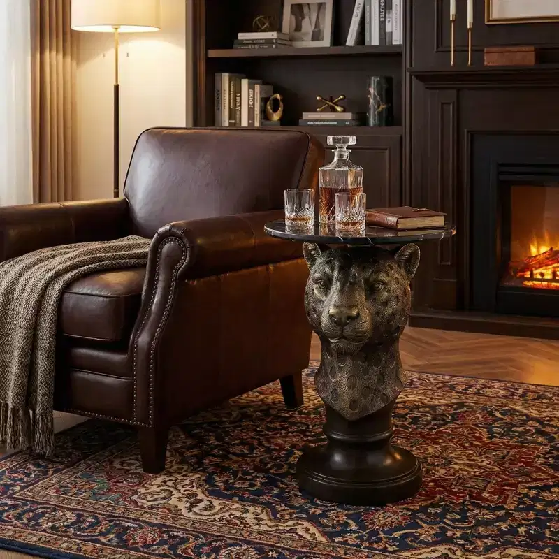 Leopard Head Accent Table, Animal Statue End Table for Living Room Home Decor