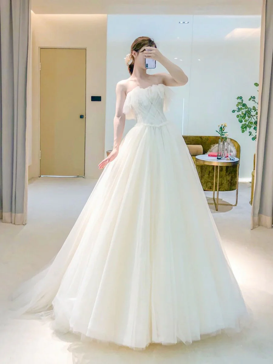 Unique Light Champagne Tulle Long Prom Dress, Tulle Formal Wedding Dress