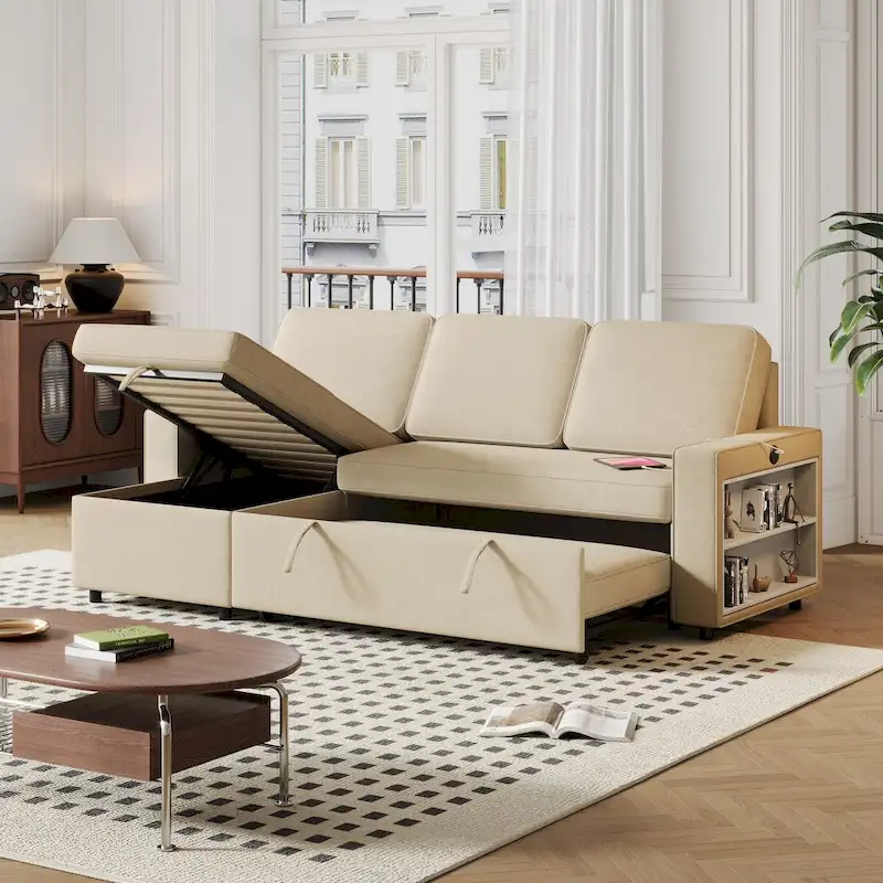 Convertible Sleeper Sofa Bed with Storage Chaise and USB Port, L-Shaped Couch,Beige