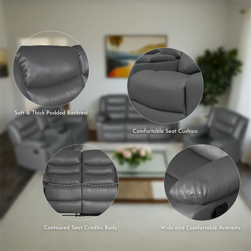 Manual Reclining 3-Piece Living Room Sofa Set - Sofa with Dropdown Table, Loveseat with Console, and Recliner