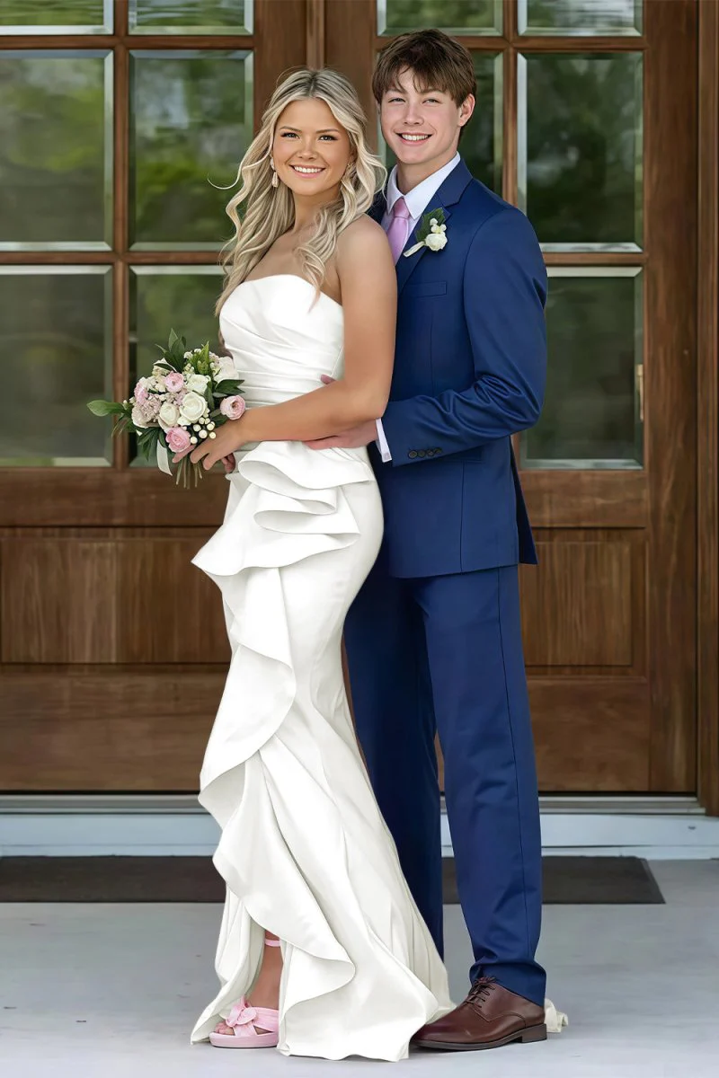 Pink Mermaid Strapless Satin Ruffled Long Prom Dresses with Slit