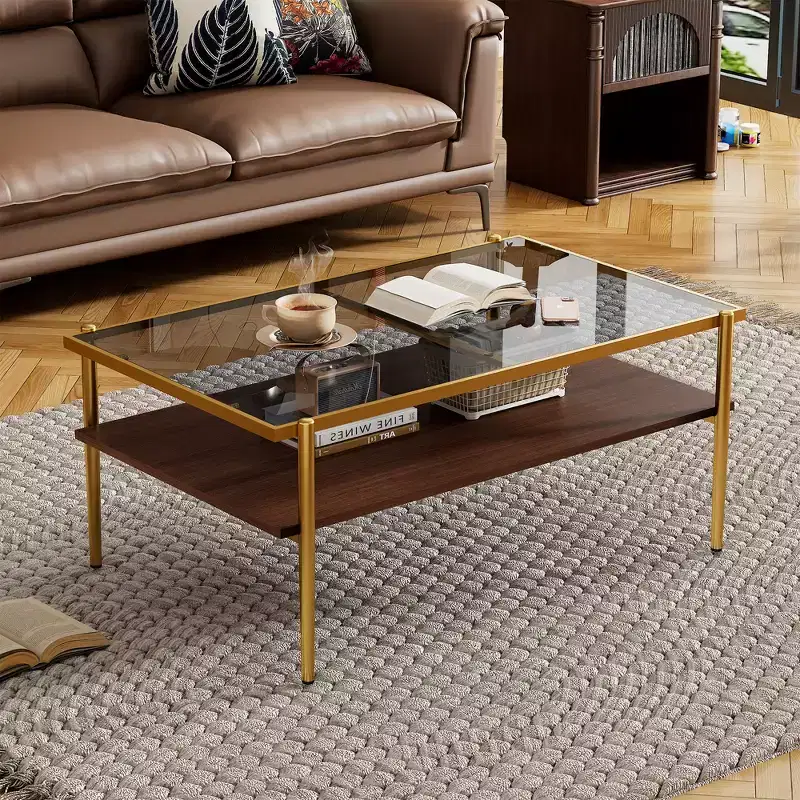 Set of 3 Coffee Table and End Tables, Modern Glass Tables with MDF Storage Layer and Sturdy Metal Legs for Living Room