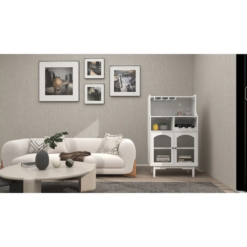 White Bar Cabinet with Wine Rack & Glass Holders