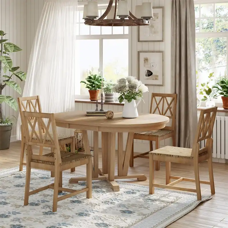 Extendable Dining Table Set Round Trestle Table and 4 Dining Chairs