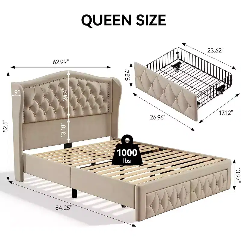 Dyonery Queen Velvet Bed Frame, 52.6 Wingback Tufted Headboard, 2 Drawers, No Box Spring