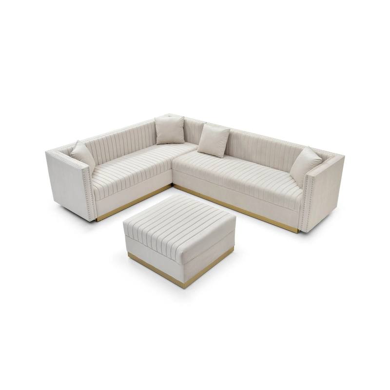 Beige Velvet Tufted L-Shaped Sectional Sofa with Ottoman and 4 Pillows