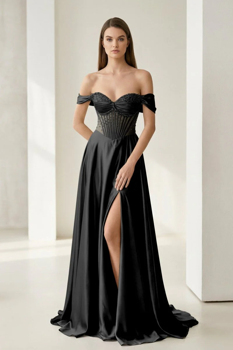 Sage Off The Shoulder A Line Satin Beaded Prom Dresses With Slit