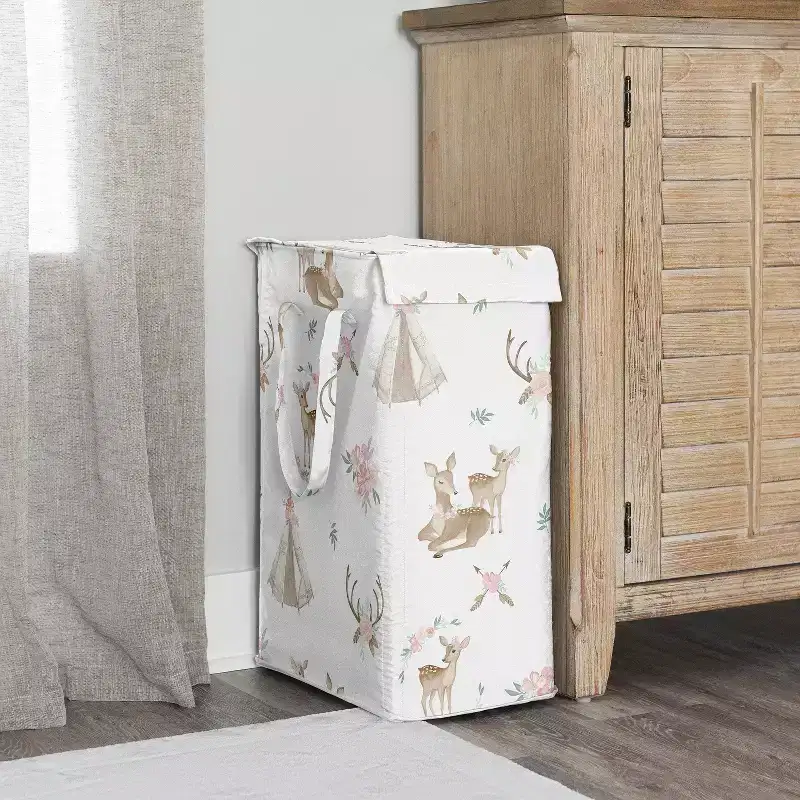 Sweet Jojo Designs Girl Foldable Laundry Hamper with Handles Deer Floral White Taupe and Pink