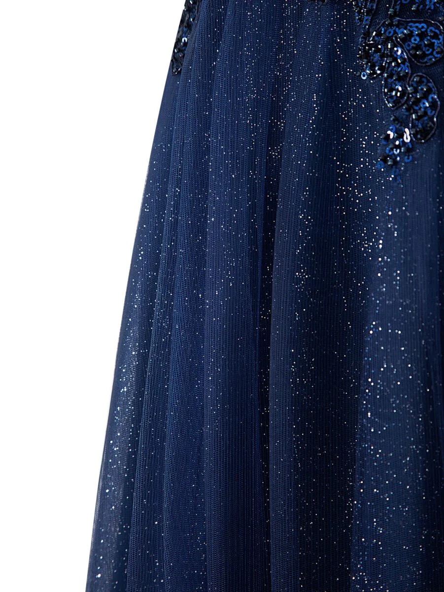 Navy Blue A-line Floor Length Glitter Tulle Prom Dress