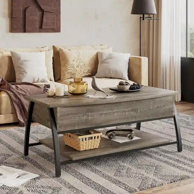 Retro Grey Oak / Rustic Brown Oval Lift-Top Coffee Table