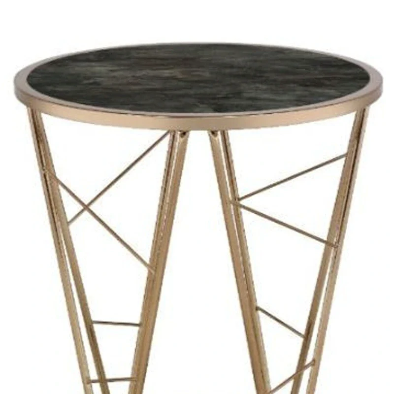 HomeRoots 24 Champagne And Black Faux Marble Glass And Metal Round End Table - 22' X '24' X '22