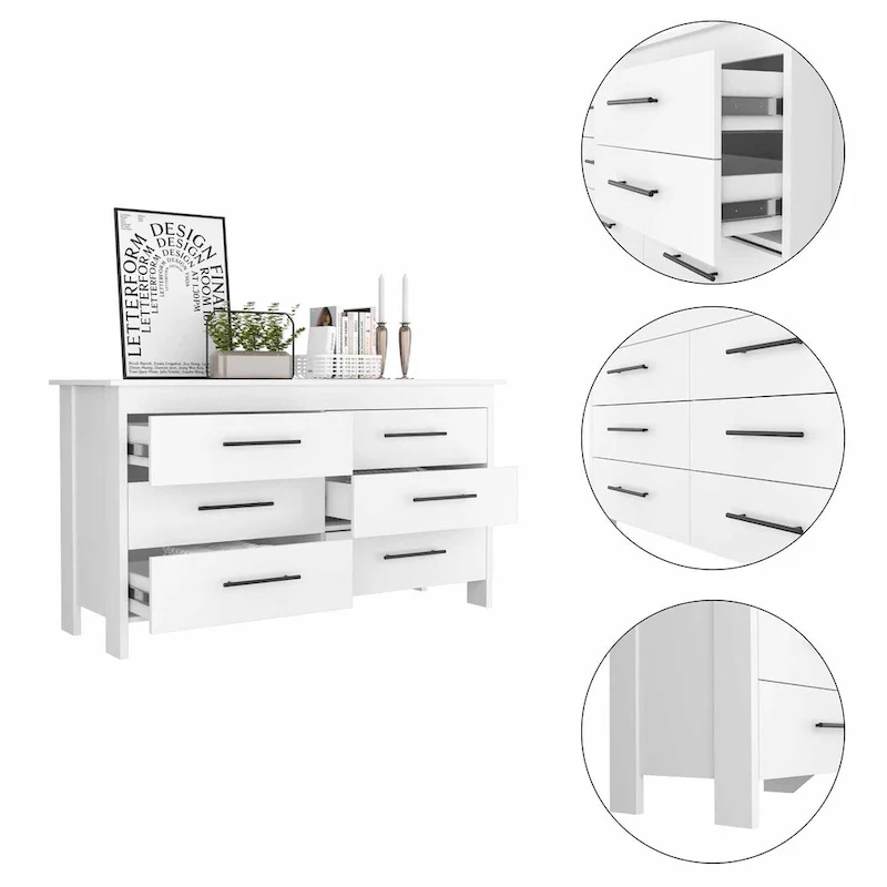 6 Drawer Double Dresser with Roller Guides, Metal Pulls and 4 Legs